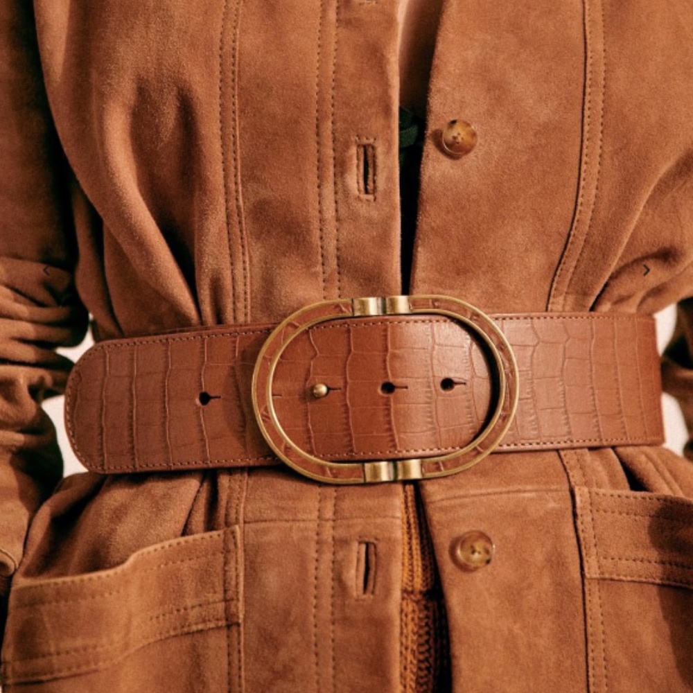 Sezane Brown Leather Belt with Gold Buckle